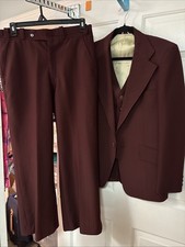 Vintage Men's Mr. i 1970's 3 Piece Suit Maroon 100 Polyester Jacket 40 Pants 36