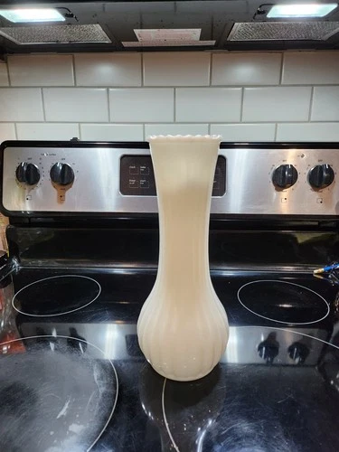 11.75” Vintage Large White Milk Glass Vase Ribbed Wide Bottom Sawtooth Rim