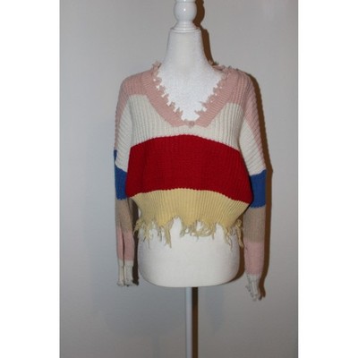 Multi Colorblock Distressed Cropped Sweater V-Neck Chunky Knit Edgy Pink Red