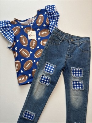 Girls Boutique Set Blue and White Football Shirt Jeans NWT Game Day Kids