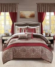 MADISON PARK DELANEY 24 PC KING COMFORTER SET RED JACQUARD BED BAG