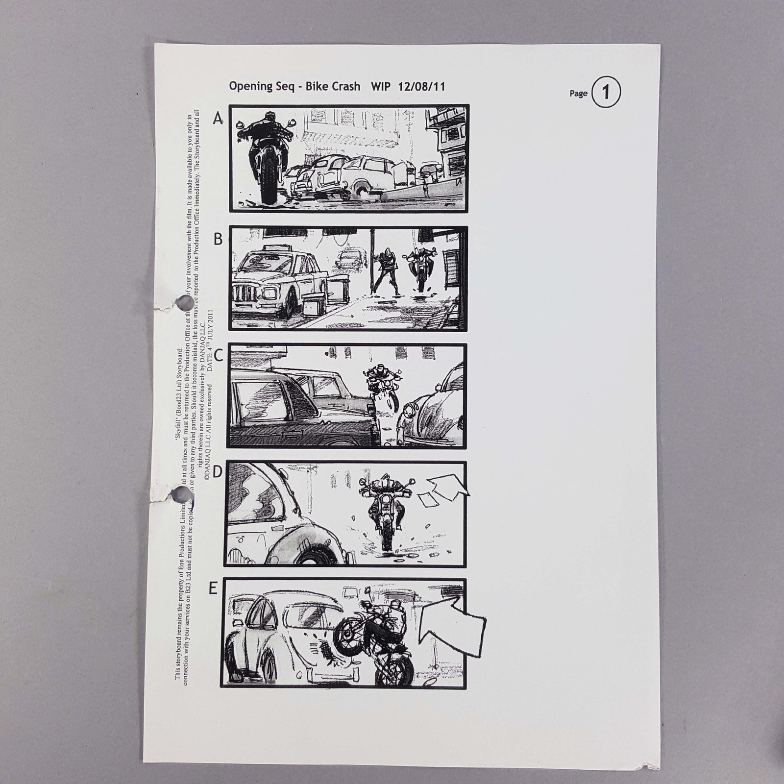 James Bond Skyfall Storyboard Motorcycle Chase Bike Crash, Production Used COA