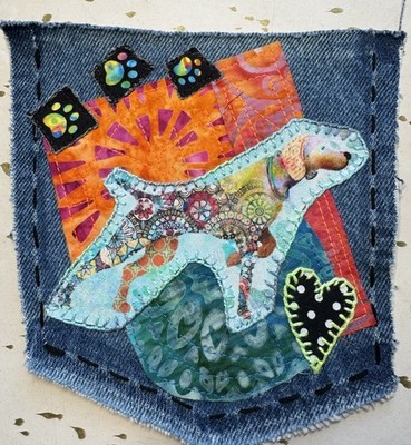 Handmade & Sewn Darling OOAK Pointer Batik Denim Decorative Sew On Pocket/Patch