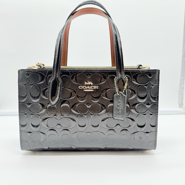 Coach CM460 Black Patent Signature Embossed Mini Satchel Crossbody Bag Gold
