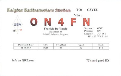 Amateurfunk QSL/QSO ON4FN G3YEU Zelzate Belgien 2017 FT8 80m UBA