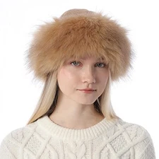 Women's Faux Fur Hat Fluffy Warm Cap Cossack Russian Style for Winter Ski Camel