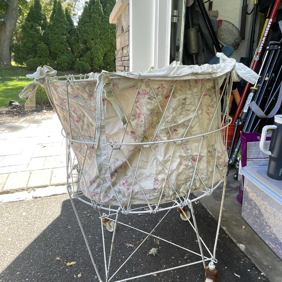 Vintage Metal Wire Laundry Basket With Wheels 23 Inches Collapsible cottage Core - Image 4 of 4