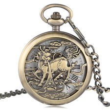 Retro Hollow Kylin Automatic Mechanical Pocket Watch for Men Roman Number Chain