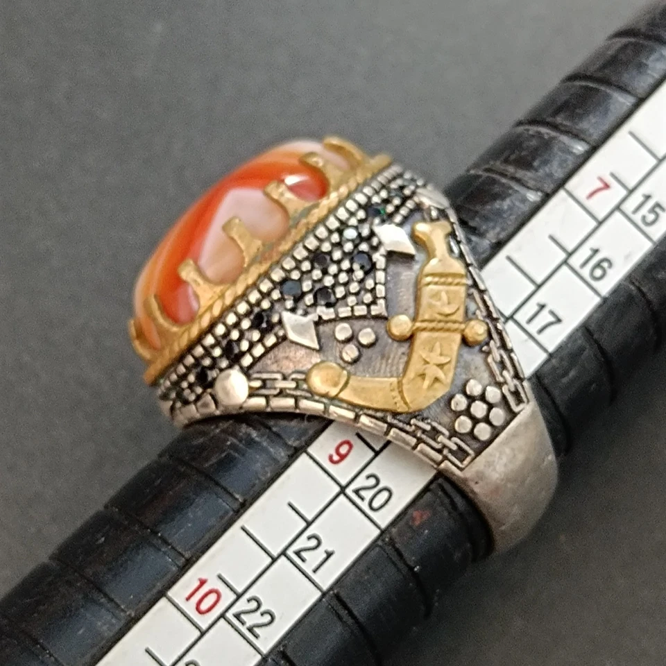 Men's Vintage Sterling Silver Ring Natural Agate Statement Detail Bronze 8.75 - Image 3 of 4