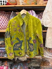 Handmade Suzani Embroidered Velvet Jacket Green Rabbit Floral Boho Ethnic Coat
