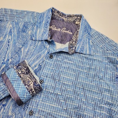Robert Graham Mens Blue White Mixed Graphic Print Button Down Classic Fit L