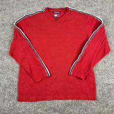 Tommy Hilfiger Sweater Men XL Red Striped V-Neck Long Sleeve Casual Knit Vintage
