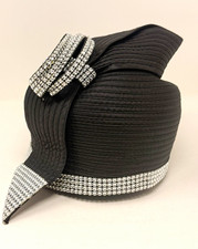 Women's Black Church/Dress Hat One Size Silver Rhinestone Trim with Bow