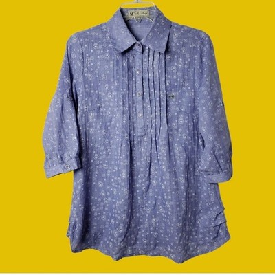 Man Jung Womens Floral Print Pleated Button-Up 3/4 Sleeve Tunic Shirt Size 44 Pu