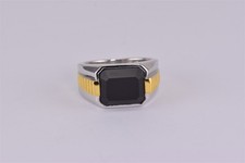Two Tone Sterling Silver Black Onyx Solitaire Tapered Band Ring NEW 925 Sz: 10.5