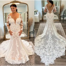 Boho Mermaid Wedding Dresses Long Sleeves Lace BridalGown Lace Applique Gowns