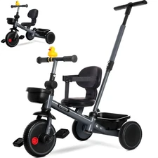 KRIDDO 2-in-1 Tricycle for Toddlers 1.5-5 Years, Push with Grey 