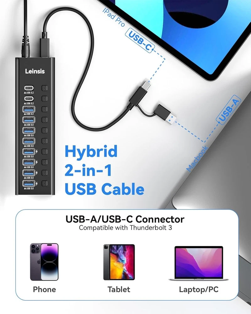Powered USB Hub 3.2, 10-Port USB 3.2/USB C Hub (10Gbps USB-A 3.2 +2 USB-C 3.2 +