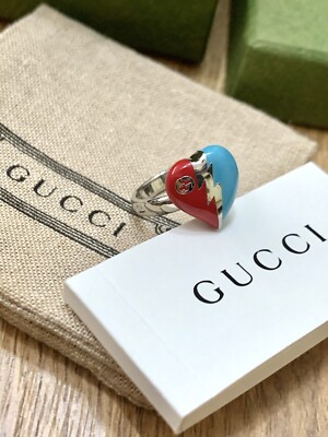 Gucci Anello Love Gucci Interlocking G Heart Lightning Charm Ring Blau Rot Neu S