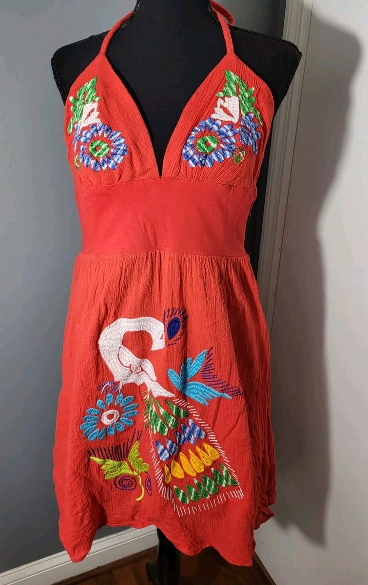 Va Va by Joy Han USA Red Embroidered Peacock Halter Shift Dress Size L