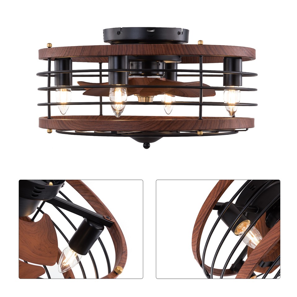 Industrial Caged Ceiling Fan Light Fixture W/Remote Control Bladeless