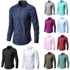 Mens Business Leisure Lapel Solid Color Long-sleeved Button-Up Shirt Top Blouse