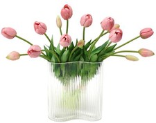 Artificial Tulips Flowers 15pcs Deep Pink Real Touch Latex Bouquet for Home W...