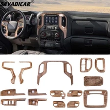 15pc Wood Grain Interior Set Decoration Cover Trim Kit For Chevy Silverado 19-21