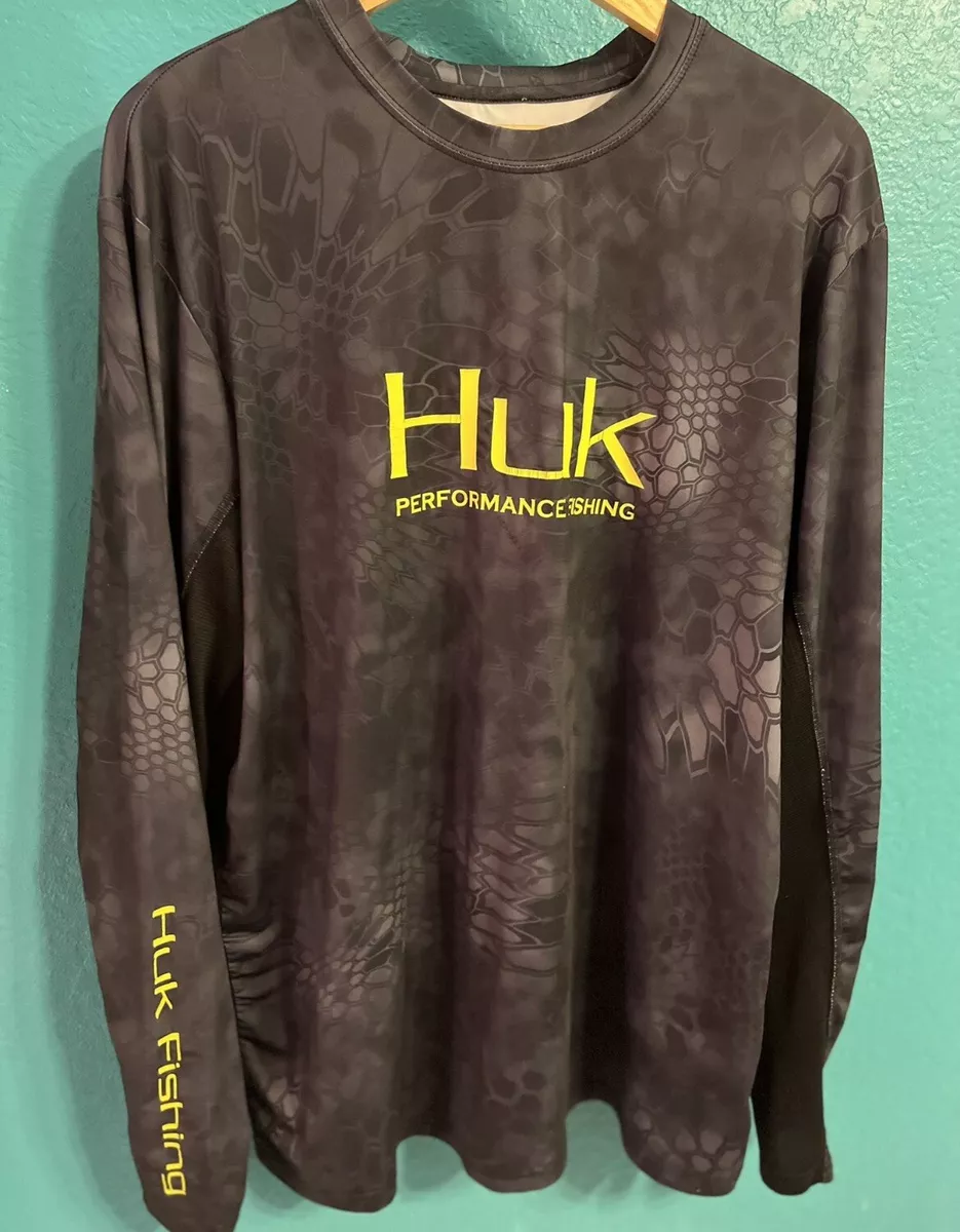 HUK Performance Fishing Shirt Large Gray And Black Long Sleeve Shirt Dri Fit