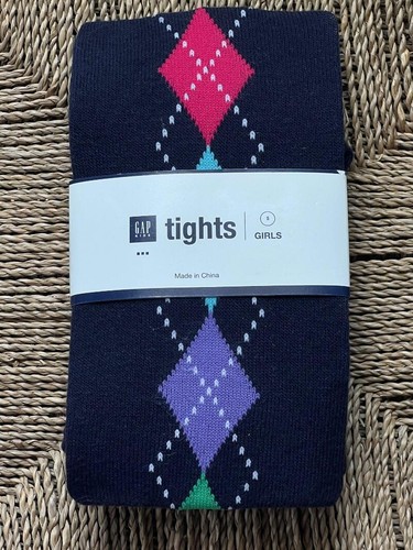 New GAP Kids Navy Blue Argyle Tights Girls Small 5-7 yrs Cotton Preppy School - Picture 1 of 2