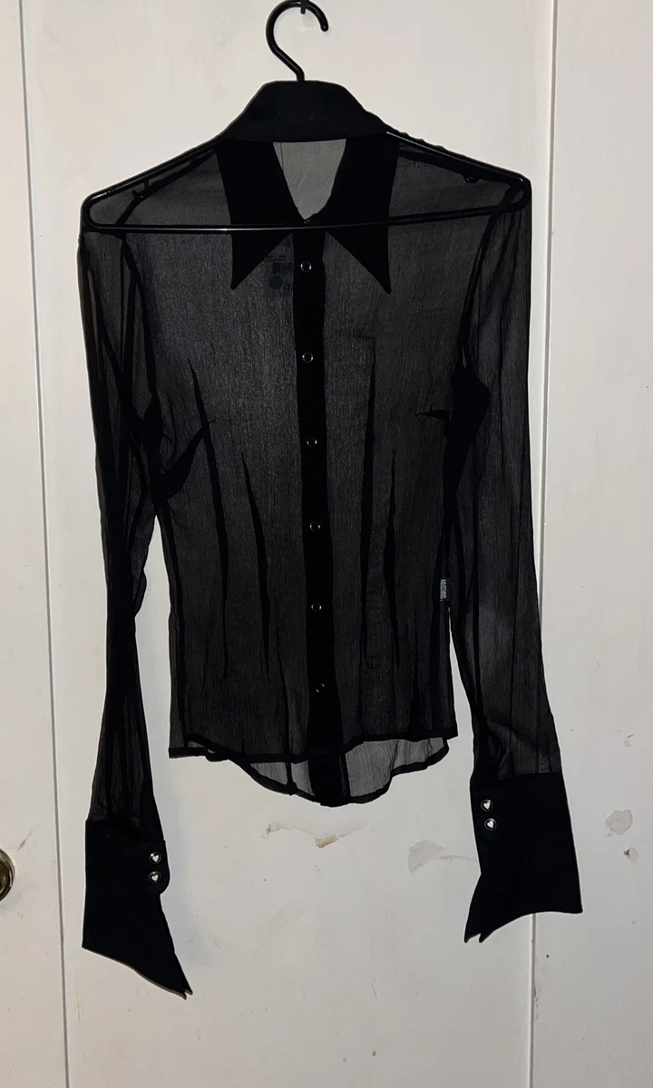 MOSCHINO Long Sleeve Black Transparent Silk Shirt Blouse Heart