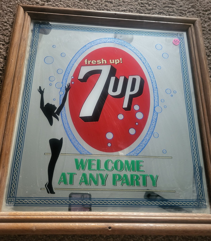 RARE VINTAGE FRAMED ADVERTISING WALL HANGING MIRROR - 7UP  WELCOME AT ANY PARTY