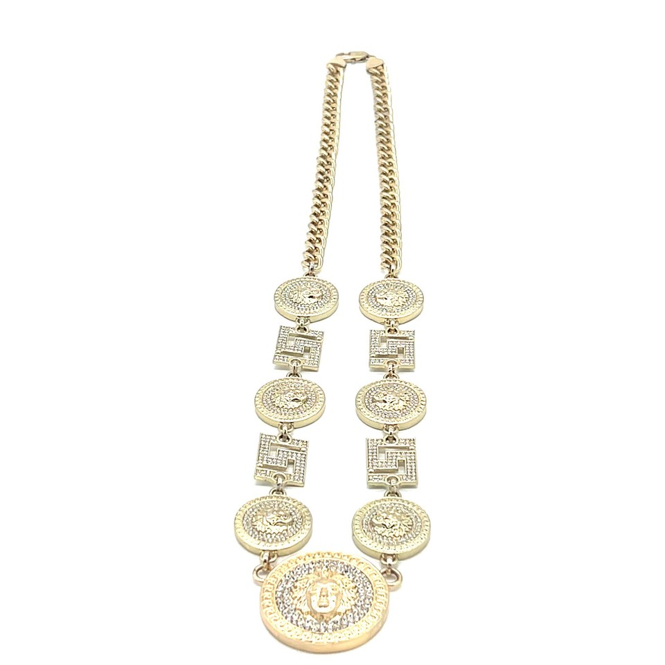 32” Medusa Greek Key Chain 14K Gold Plated – 192g Iced Versace-Style ...