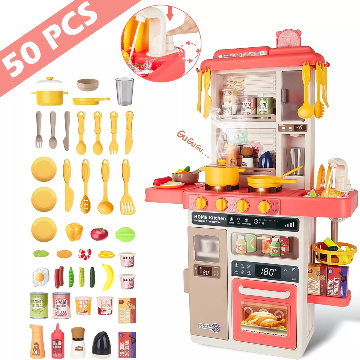 Kids Role Play Kitchen Set with Lights Sounds Simulation Spray