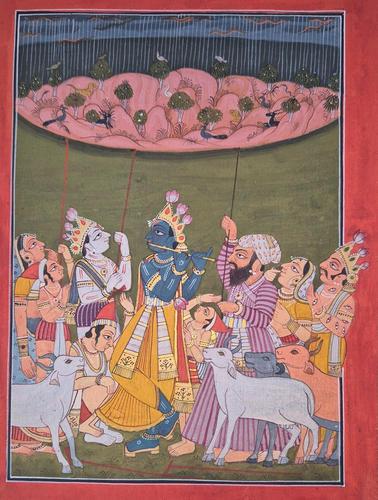 VINTAGE REAL GOLD WORK HANDMADE "BASOLI SCHOOL" PAINTING OF LORD "KRISHNA". - Picture 3 of 5