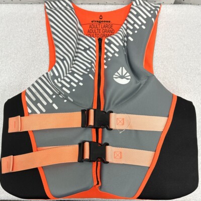 O'Rageous Life Jacket Adult Size Large Orange And Gray Adjustable Straps Unused