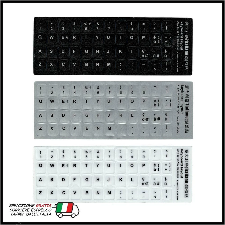 LETTERE ADESIVE ITALIANO PER TASTI TASTIERA KEYBOARD NOTEBOOK BIANCO NERO SILVER