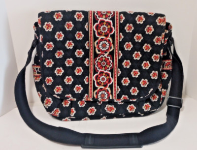 Vera Bradley Laptop Messenger Crossbody Bag Black Floral Cotton 15''x12''x3.5''