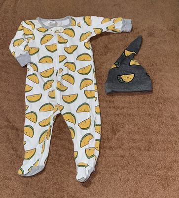 Baby Taco Print Footed Zip Sleeper & Matching Hat Set, Cotton Knit 0-3M