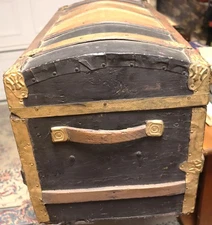 Vintage small dome top trunk with tray with antique magazine adds lined 28 by 15