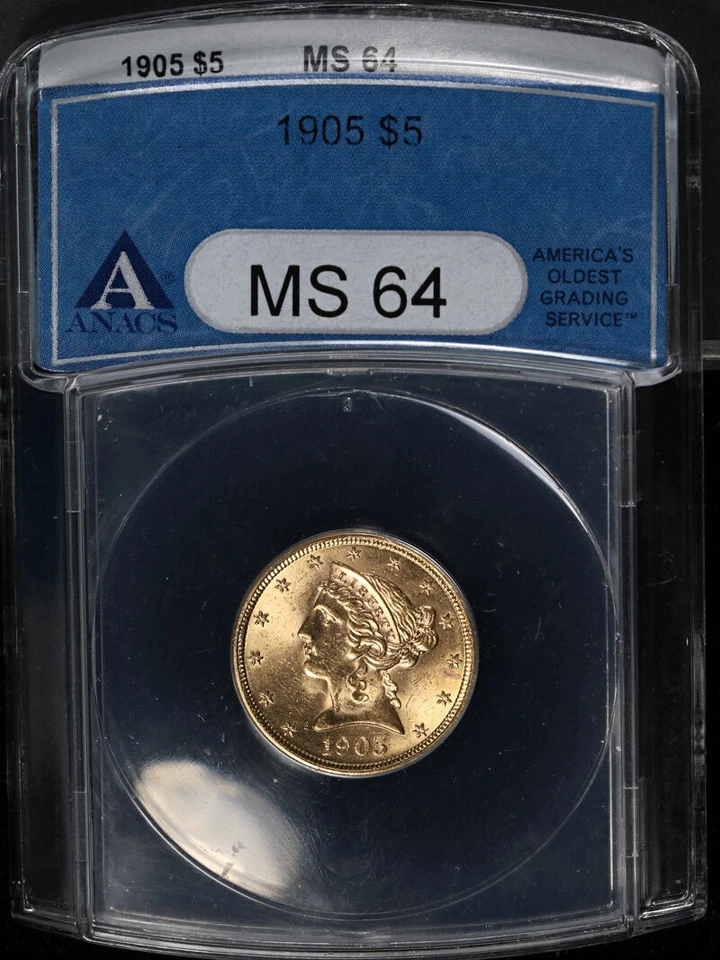 Oro Liberty 1905-P $5 ANACS MS64 gran atractivo visual fuerte golpe Foto 3 de 4
