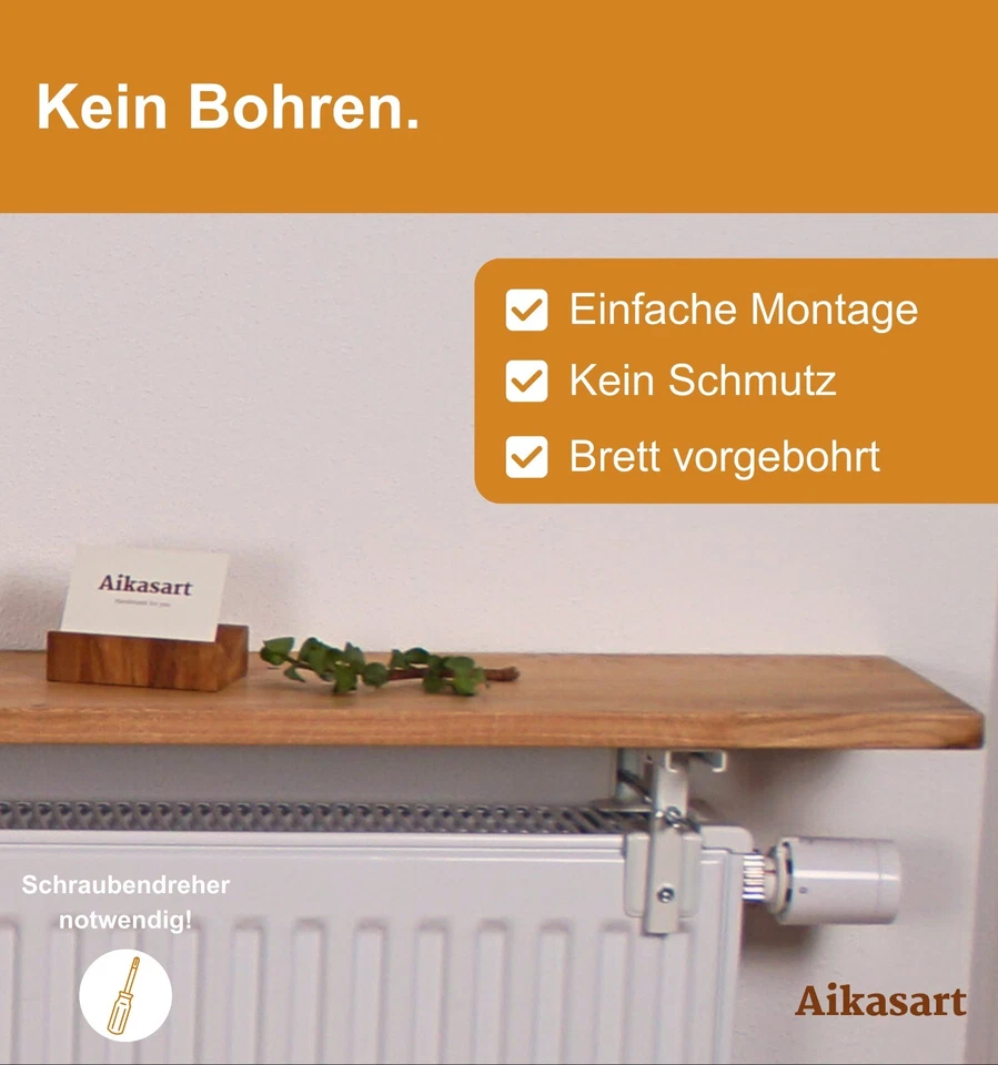 Aikas Art Heizkörperregal Eiche Echtholz, Ohne Bohren - Einfache Montage - Bild 3 von 4