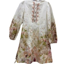 Zimmermann Dancer Hummingbird Ivory Linen Mini Dress Floral Lined Size 0