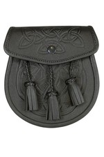 Black Leather Double Embossed 3 tassels Kilt Sporran w/Chain and Belt