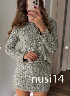 ZARA NEW WOMAN HIGH-WAIST SEQUIN MINI SKIRT LIGHT GREEN S,M,L 8779