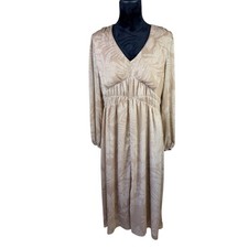 NWT INC International Concepts Seneca Leaf Print V-Neck Midi Dress Tan Womens 12