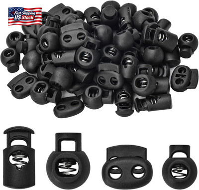 60 Pcs Plastic Cord Locks 4 Styles Spring Toggle Stopper Single Double Hole Stri