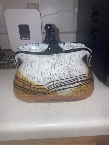 Vintage Glass Hand-Blown Purse/Vase White And Brown, Murano Style