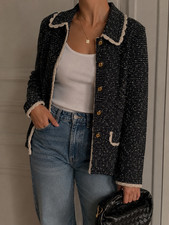 St. John Collection Textured Knit Black Ivory Scallop Trim Jacket, Size: 8