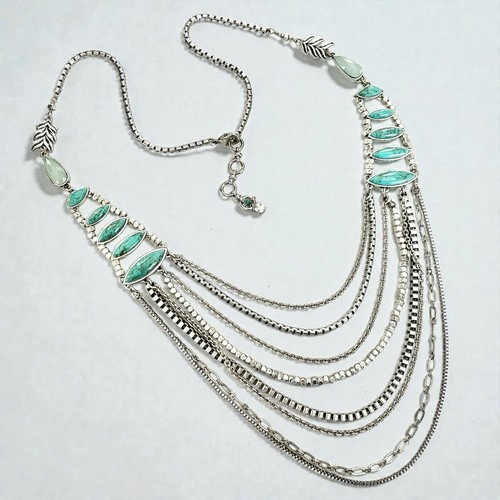 Lucky Brand Faux Turquoise Necklace Silver Tone Southwest Boho Multi Chain Tiers